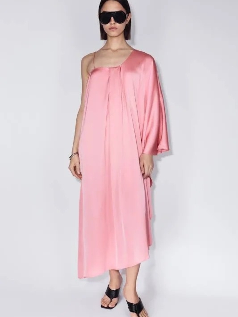 H&M Pink One-Shoulder Satin Midi Dress